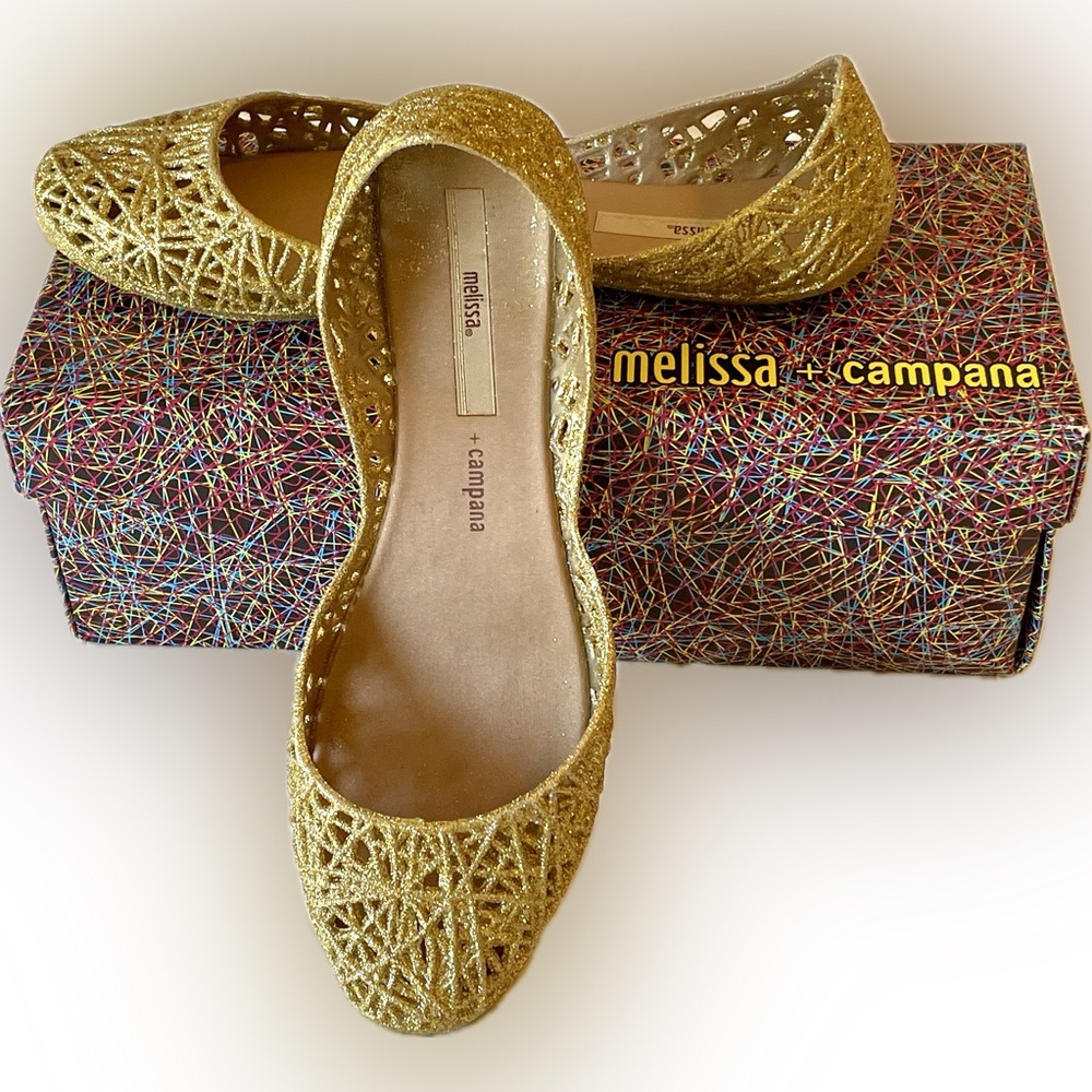 Melissa + Campana Glitter Gold Jellies, Size 9